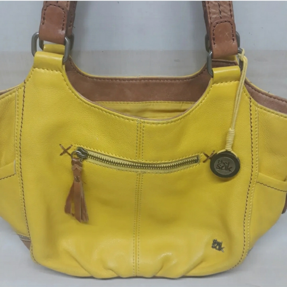 The Sak Kendra Hobo Purse Yellow Brown Pebbled Soft Leather Shoulder Satchel Bag - Picture 5 of 11